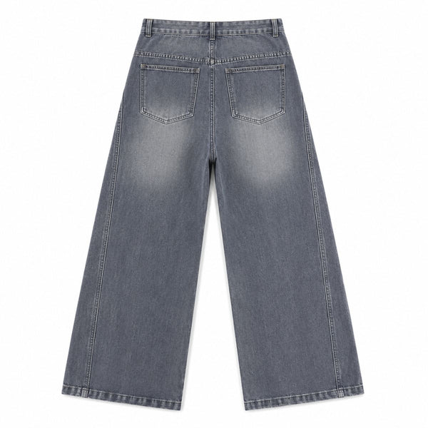 Asymmetric Button Curved Seam Wide Leg Denim Jeans