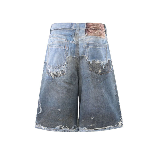 Vintage Washed Distressed Denim Bermuda Shorts with Frayed Panels