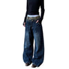 Vintage Washed Double-Waist Wide-Leg Denim Jeans