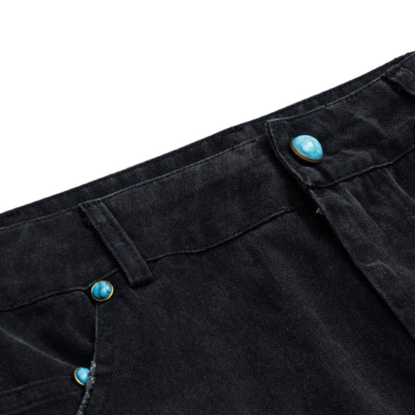 Acid Washed Turquoise Stud Loose Fit Wide Leg Jeans