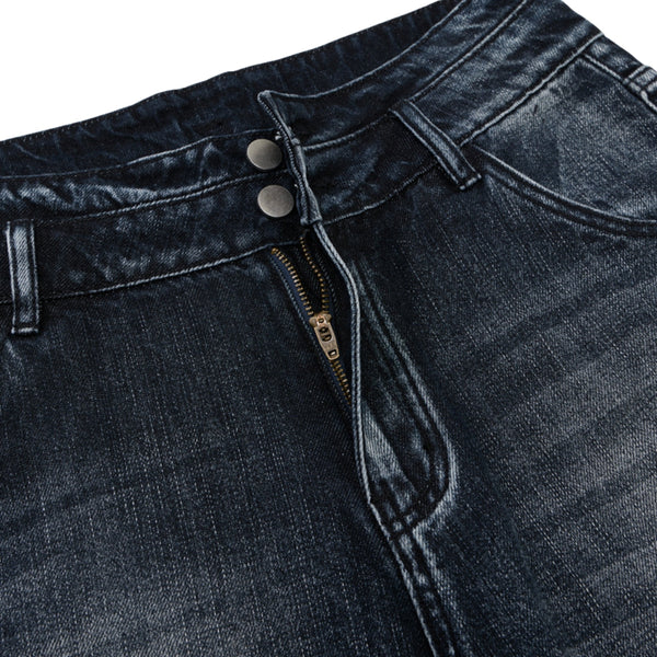 Double-Button Whiskered Wide-Leg Denim Shorts