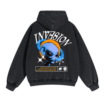 Invasion Alien Graphic Double Slider Zip Hoodie-INNBLAC
