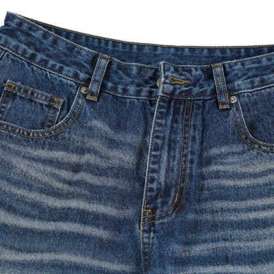 Deep Blue Washed Cat Whisker A-Line Straight Baggy Denim Jeans
