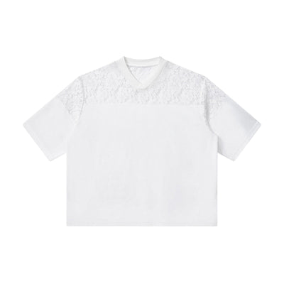 Openwork Lace-Stitching V-Neck Boxy Tee