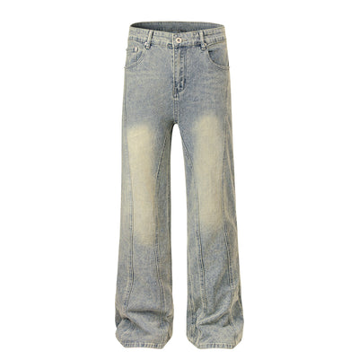 Muddy-Wash Faded Panel-Stitch Jeans