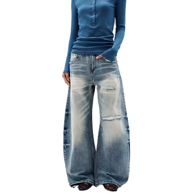 Washed Gradient Distressed Curved Leg Wide Denim Jeans