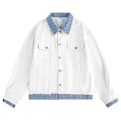 Unisex Retro Blue Petite Loose Plaid Collar Denim Jacket