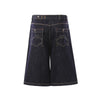 Deconstructed Embroidered Raw Denim Bermuda Shorts