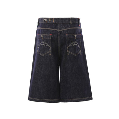 Deconstructed Embroidered Raw Denim Bermuda Shorts