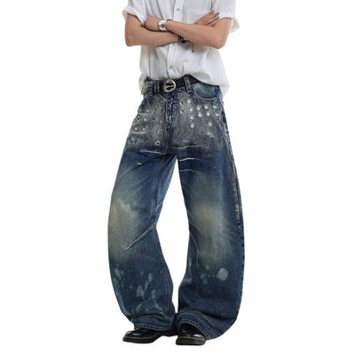 Paint Splatter Barrel Leg Denim Jeans with Rivet Details