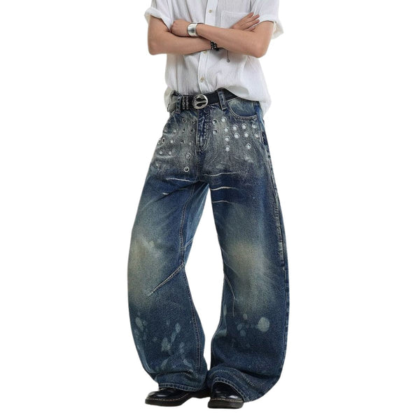 Paint Splatter Barrel Leg Denim Jeans with Rivet Details