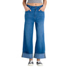 Mid Rise Rolled Hem Slimming Knit Denim Straight Leg Jeans