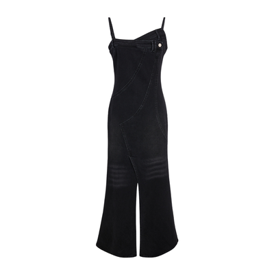 Black Deconstructed Strappy Denim Midi Dress