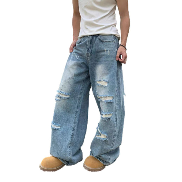 Heavy Distressed Curved Wide Leg Denim Jeans