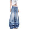 Washed Drawstring Wide Leg Denim Pants
