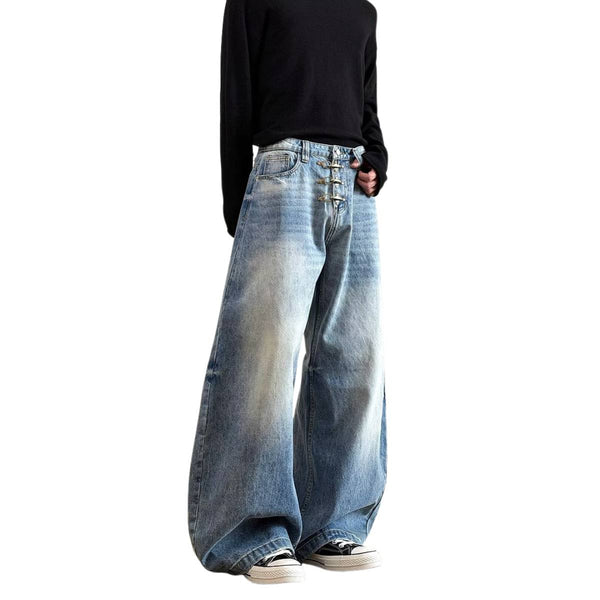 Vintage Washed Curved-Leg Denim Jeans