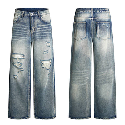 Retro Bleached Ripped Loose Fit Wide Leg Jeans