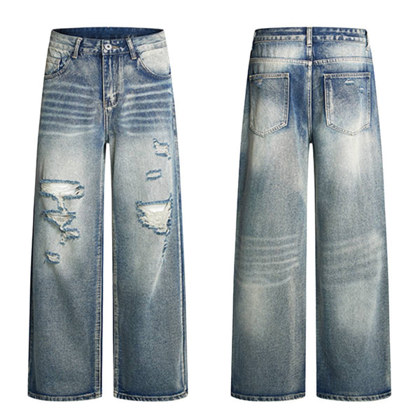 Retro Bleached Ripped Loose Fit Wide Leg Jeans