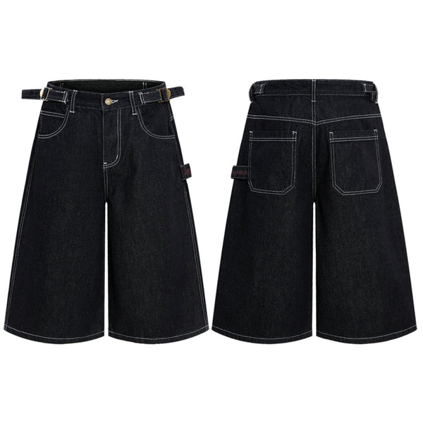 Retro Raw Denim Wide-Leg Bermuda Shorts