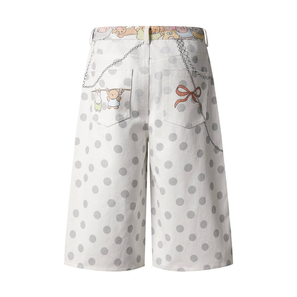 Washed Rabbit Print Polka Dot Bow Detail Relaxed Wide-Leg Bermuda Shorts