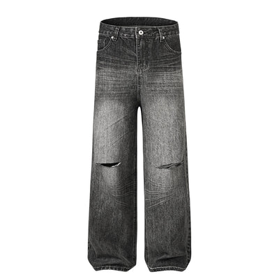 Gradient Fade Knee-Ripped Baggy Jeans