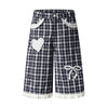 Washed Plaid Graphic Patchwork Bow Detail Relaxed Wide-Leg Capri Denim Pants