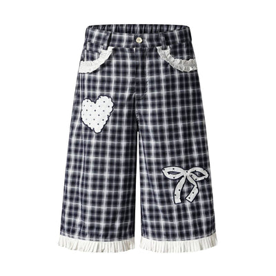 Washed Plaid Graphic Patchwork Bow Detail Relaxed Wide-Leg Capri Denim Pants