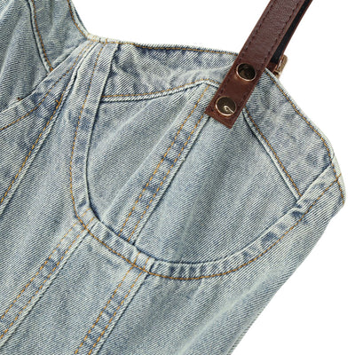 Sweetheart Collar Strappy Denim Midi Dress