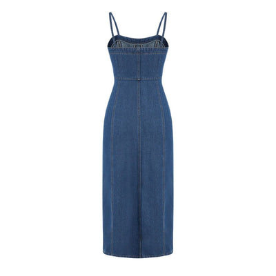 Spaghetti Straps Fitted Denim Midi Dress