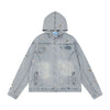 Unisex Retro Distressed Ripped Washed Denim Jacket with Hood