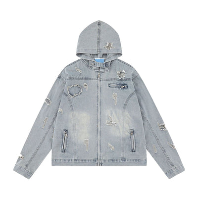 Unisex Retro Distressed Ripped Washed Denim Jacket with Hood
