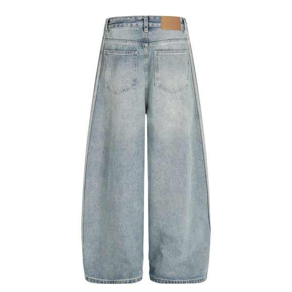 Men's Washed Distressed Denim Pants Vintage American Loose Wide Leg