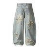 American Retro Frayed Hem Star Graphic Loose Fit Denim Trousers