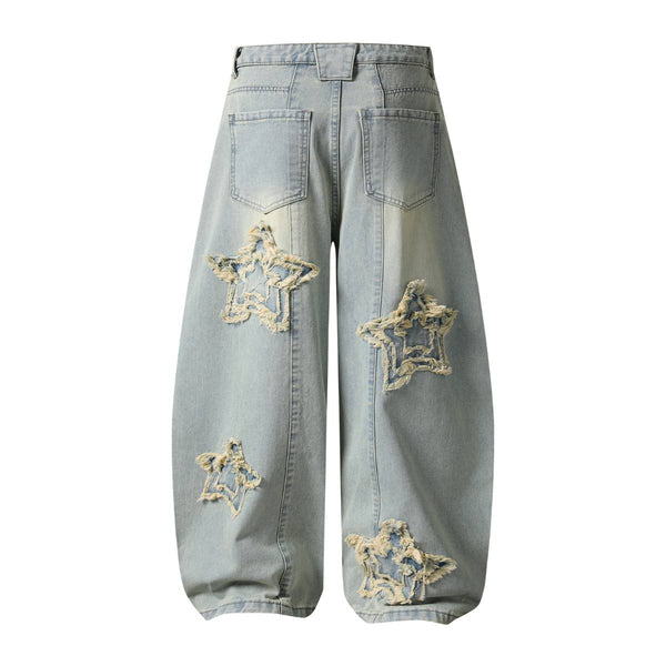 American Retro Frayed Hem Star Graphic Loose Fit Denim Trousers