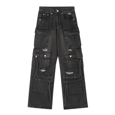 Men's Cargo Denim Pants Wide Leg Distressed Punk Street Unique