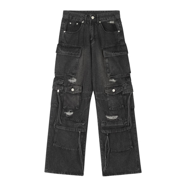Men's Cargo Denim Pants Wide Leg Distressed Punk Street Unique