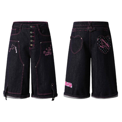 Washed Contrast Star Heart Embroidered Button Wide-Leg Bermuda Shorts