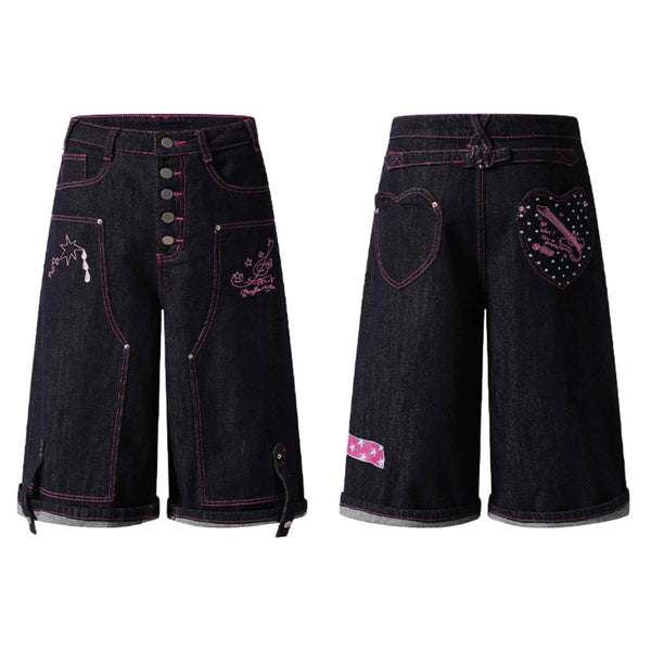 Washed Contrast Star Heart Embroidered Button Wide-Leg Bermuda Shorts