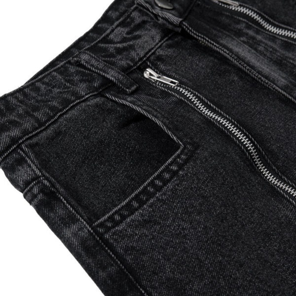 Men's Coated Curved Denim Pants Patchwork Pleated Loose Wide Leg