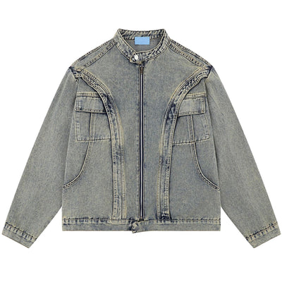 Retro Washed Distressed Stand Collar Hip-hop Short Denim Men's Jacket