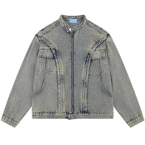 Retro Washed Distressed Stand Collar Hip-hop Short Denim Men's Jacket