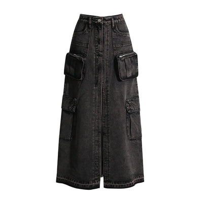 Raw Hem Cargo Denim Midi Skirt