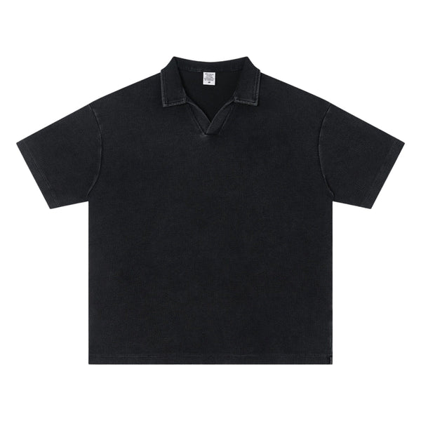 Retro Distressed Waffle Vintage Wash Polo T-Shirt