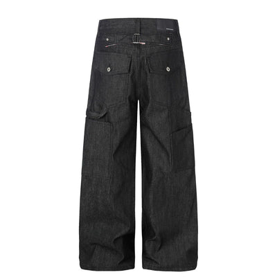 Raw Black Wide Leg Jeans with Utility Flap Pocket Detail