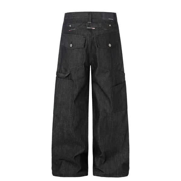 Raw Black Wide Leg Jeans with Utility Flap Pocket Detail