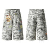 Washed Camo Graffiti Bear Patch Relaxed Wide-Leg Utility Bermuda Shorts