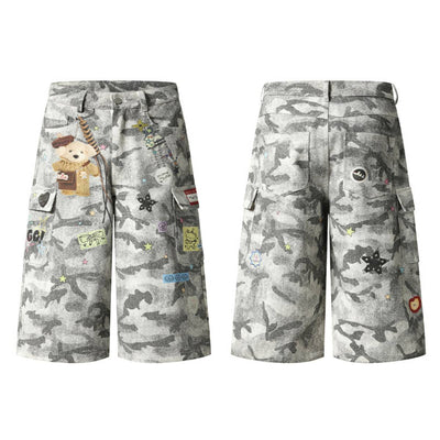 Washed Camo Graffiti Bear Patch Relaxed Wide-Leg Utility Bermuda Shorts