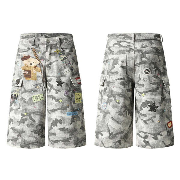 Washed Camo Graffiti Bear Patch Relaxed Wide-Leg Utility Bermuda Shorts