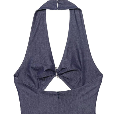 Halter Neck Cut-Out Denim Maxi Dress