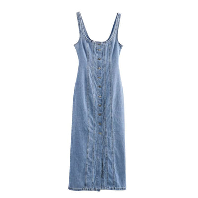 Button-Front Washed Strappy Denim Maxi Dress
